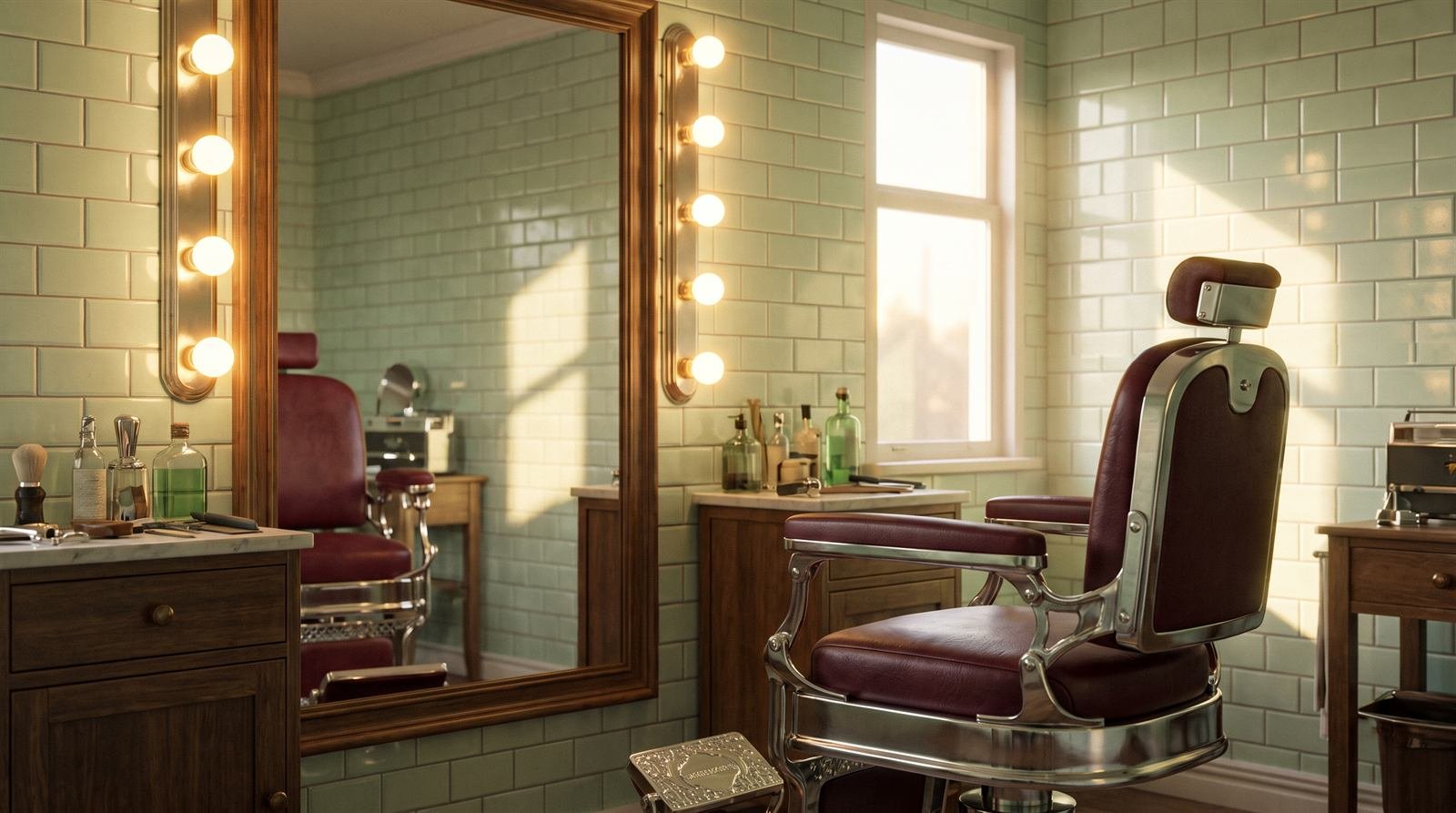 Sillón de barbero vacío junto al espejo del local
